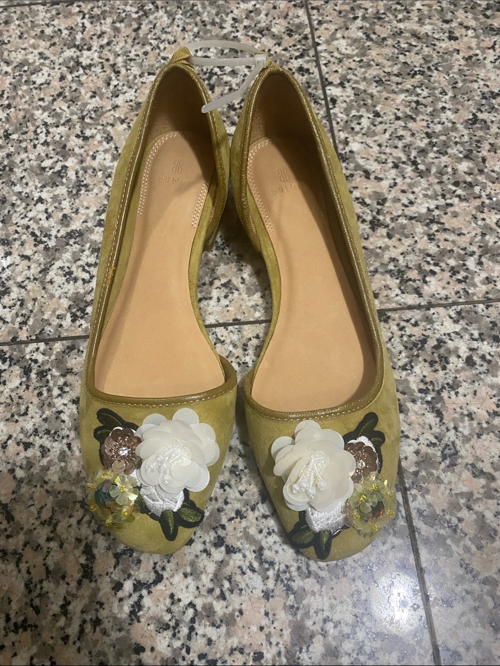 bill blass Olive Green Floral Embellished Ballet Flats